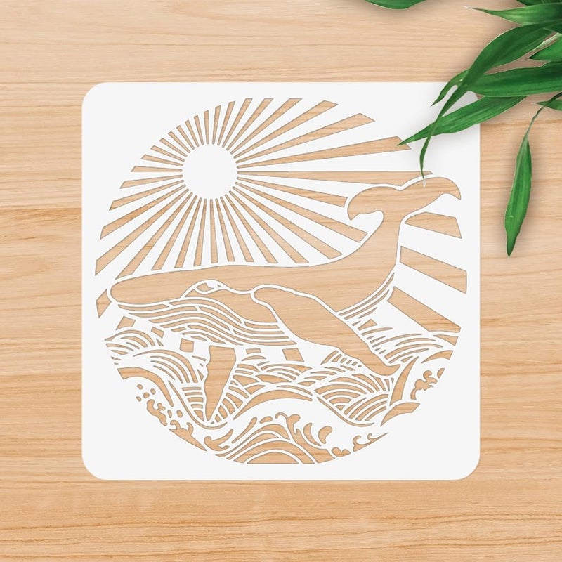 DOODLREAM Whale Wave Stencil for Painting, 11.8"x11.8"Reusable Ocean Creature Stencil Drawing Template, Sunrise DIY Craft Paint Template for Wall Home Decor Wood Burning Card Journal Canvas Fabric - Image 4